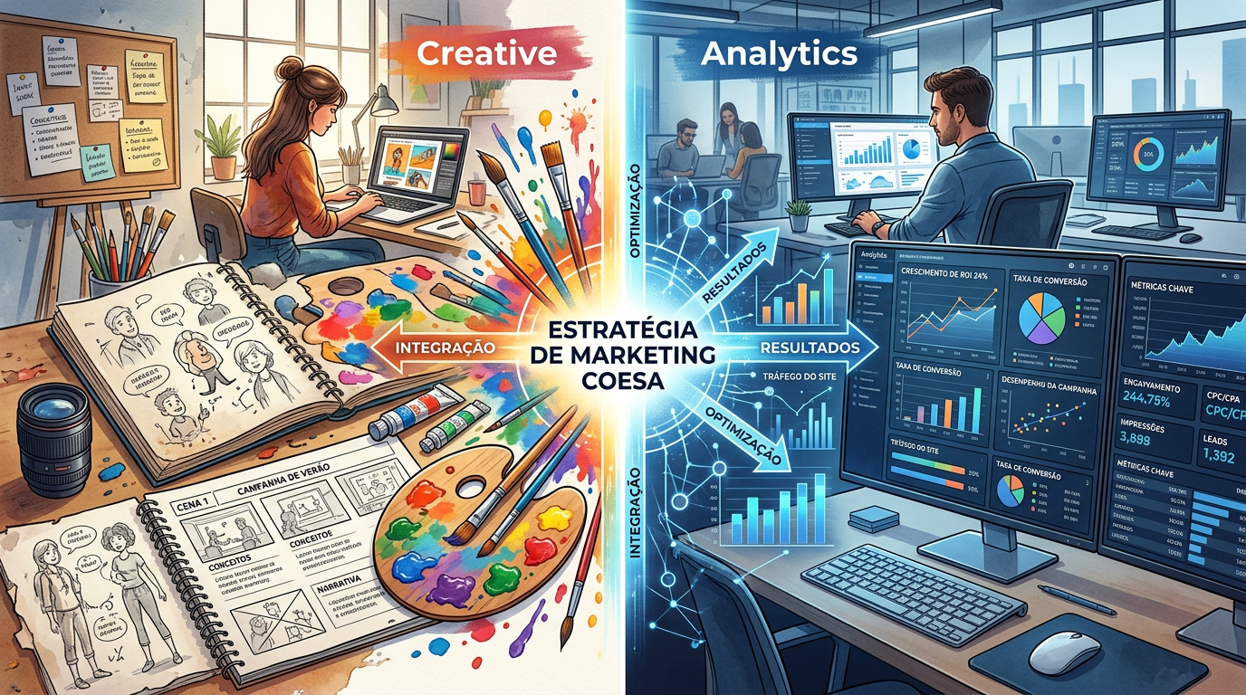 Split visual mostrando dois lados complementares: à esquerda, elementos criativos como pincel, paleta de cores e storyboard; à direita, dashboards de analytics, gráficos de performance e dados estruturados, fundidos no centro numa estratégia de marketing coesa