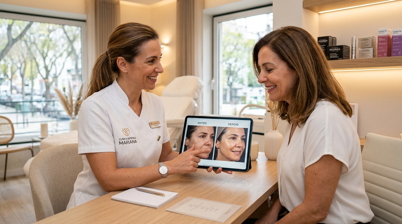Profissional de estética a mostrar em tablet o resultado de um tratamento facial a uma paciente durante consulta de avaliação