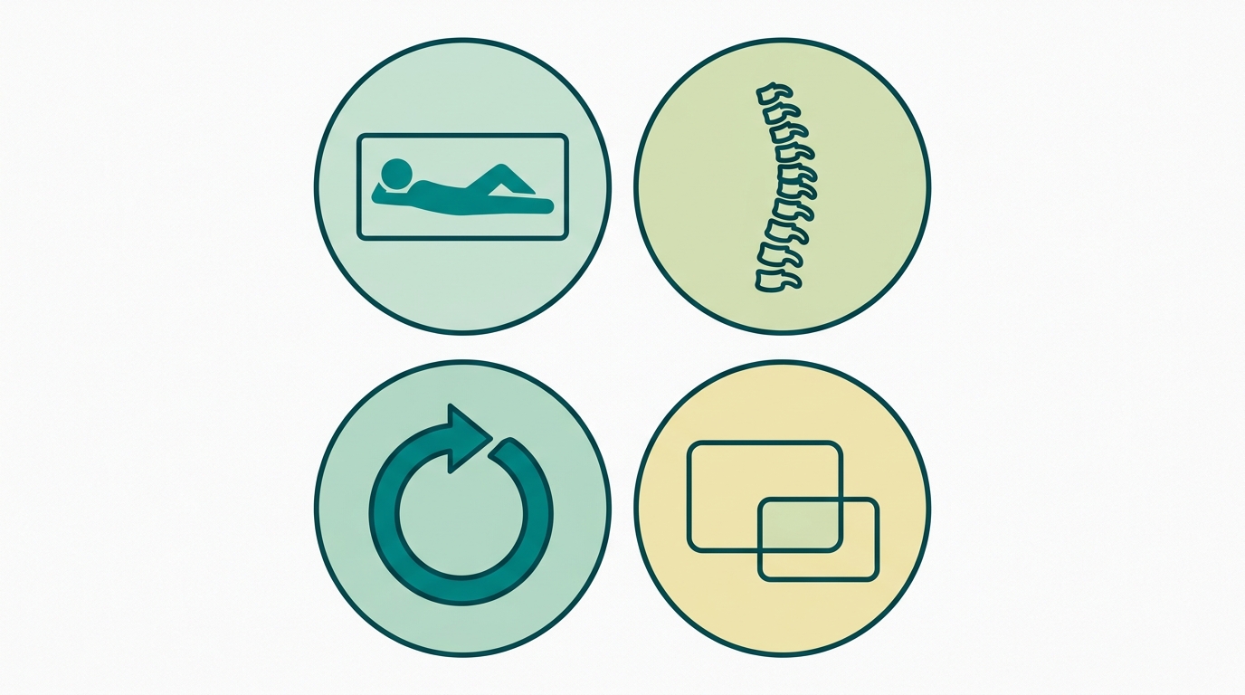 Diagrama vetorial plano com quatro zonas circulares ou quadradas dispostas em grid 2x2, cada uma representando um critério de avaliação: conforto (silhueta plana em teal deitada num retângulo), suporte (coluna vertebral simplificada em arco reto), durabilidade (ícone de seta circular em contorno teal), e preço-qualidade (dois retângulos sobrepostos em escalas diferentes). Fundo #F9F9F9, linhas em #008282, preenchimentos em #CCE3D4 e #F2E8B8, sem texto.
