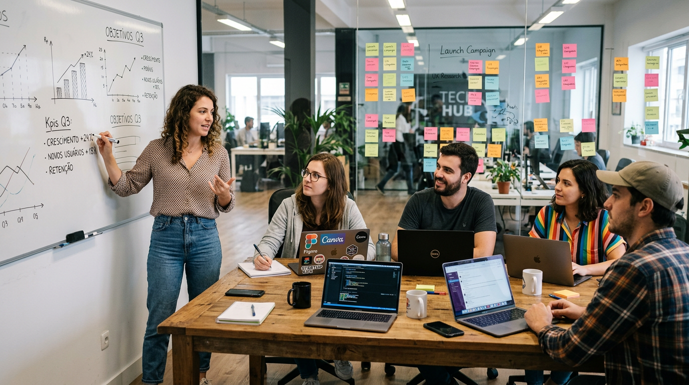 Fotografia de uma reunião de equipa pequena em torno de uma mesa com portáteis abertos, post-its coloridos numa parede de vidro e uma pessoa a apresentar métricas num quadro branco, ambiente informal de startup