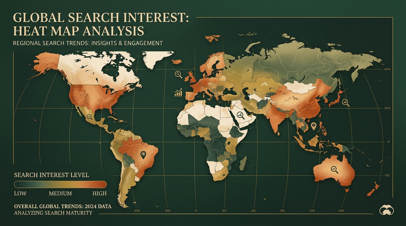 a world map overlay showing varying search interest heat levels across different regions