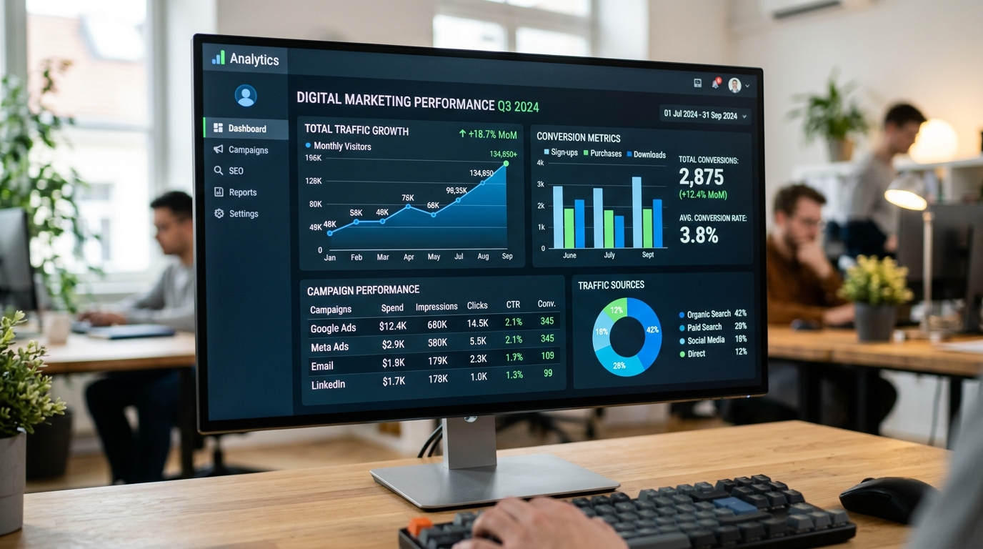 Fotografia de close-up de um ecrã de computador a mostrar um dashboard de analytics com gráficos de crescimento, métricas de conversão e dados de campanhas digitais, iluminação de escritório moderno
