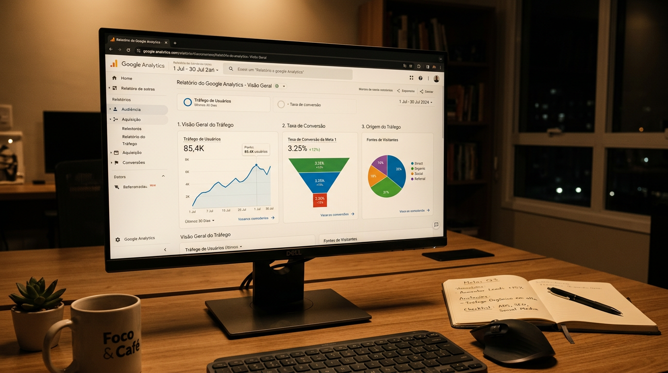 Fotografia de um ecrã de computador com um dashboard do Google Analytics aberto, mostrando gráficos de tráfego, taxa de conversão e fontes de visitantes, sobre uma secretária organizada com bloco de notas e caneta, luz quente de escritório