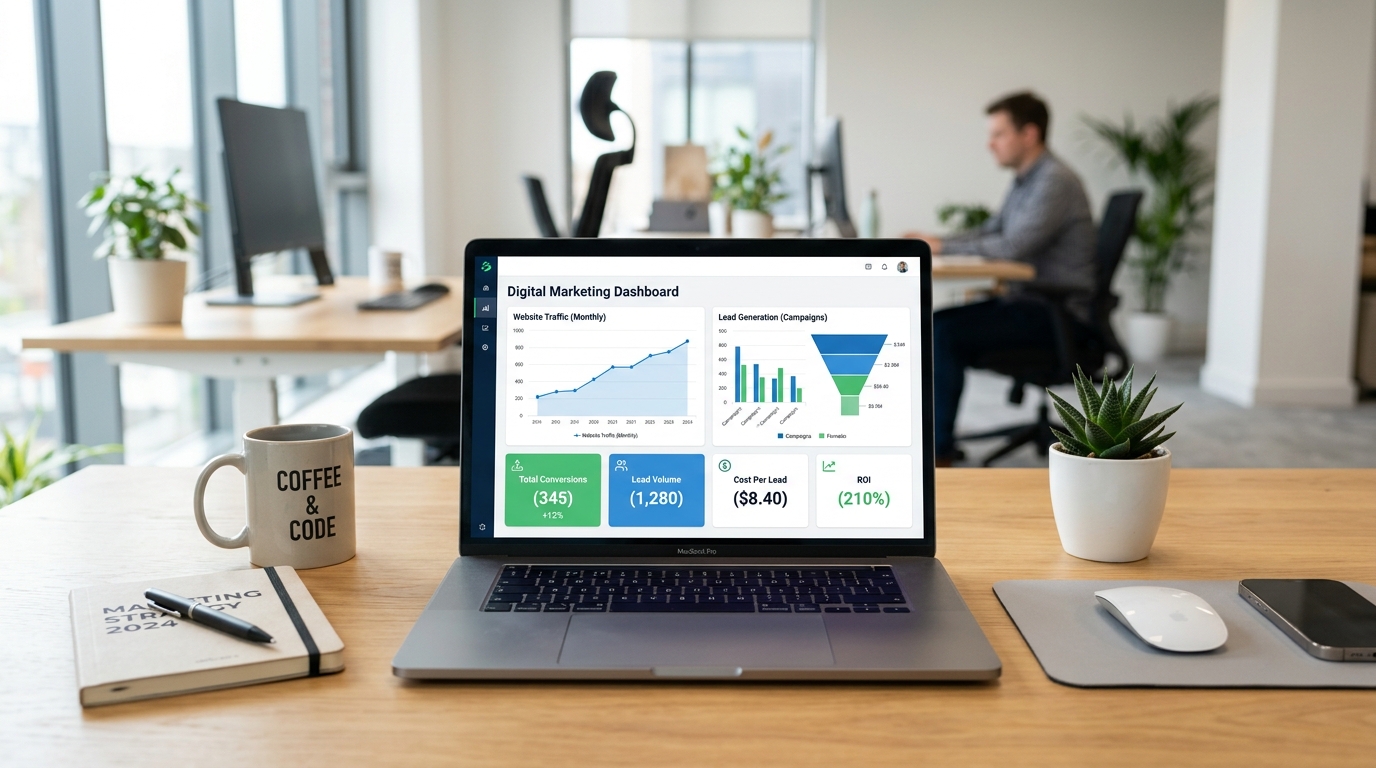 Ecrã de computador portátil a mostrar um dashboard de métricas de marketing digital com gráficos de barras e linhas, indicadores de leads e conversões, sobre uma secretária moderna num ambiente de escritório claro e organizado