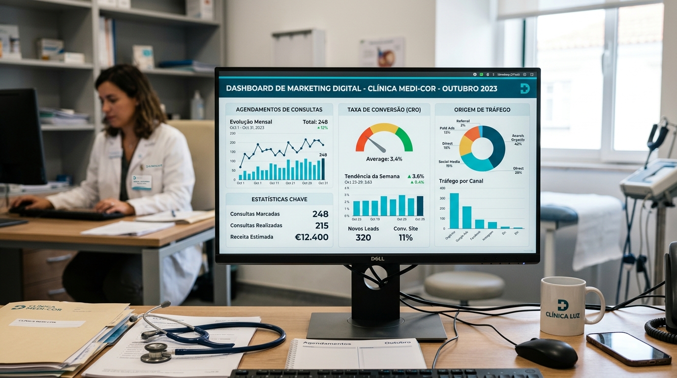 Fotografia de um ecrã de computador com dashboard de métricas de marketing digital — gráficos de agendamentos, taxa de conversão e origem de tráfego — num ambiente de trabalho de clínica médica
