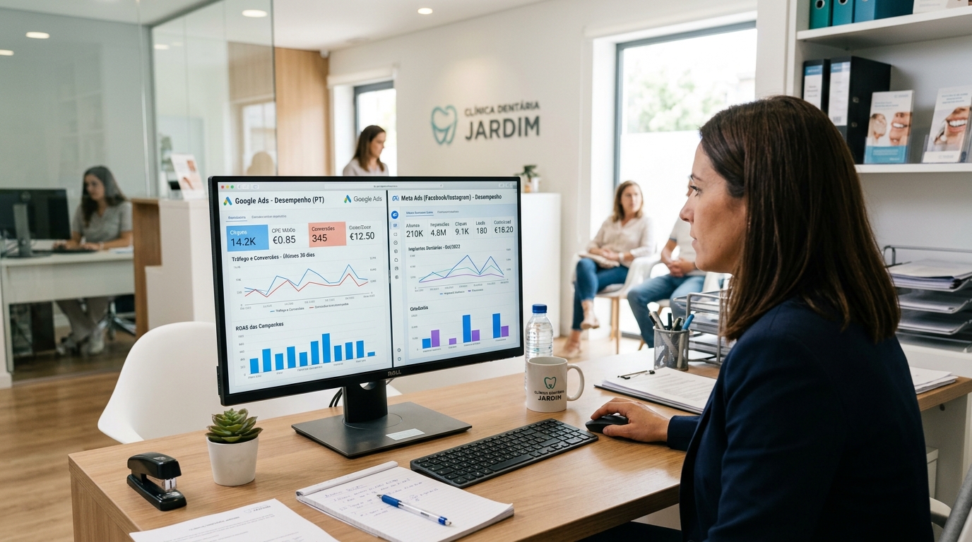 Ecrã de computador com gráficos de desempenho de campanhas de Google Ads e Meta Ads numa mesa de escritório de clínica