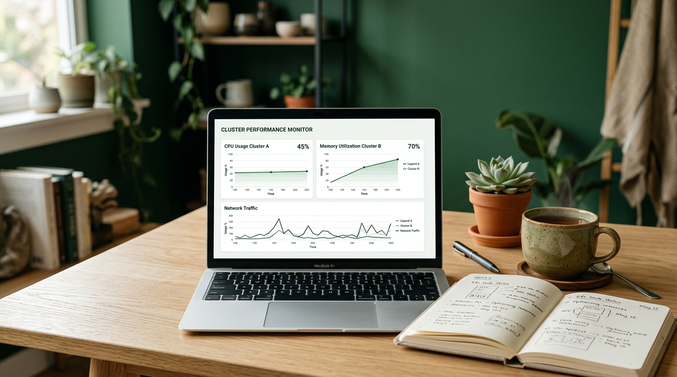 A laptop on a light wooden desk showing a clean cluster performance dashboard with line charts, beside a notebook and a cup of tea