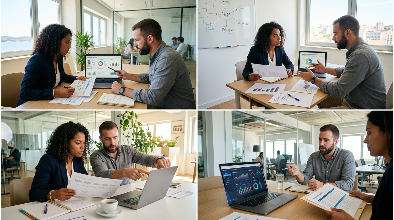 Dois profissionais em reunião numa sala moderna e iluminada, a analisar dados e perfis de clientes num ecrã de computador e em papéis, ambiente de trabalho colaborativo e estratégico