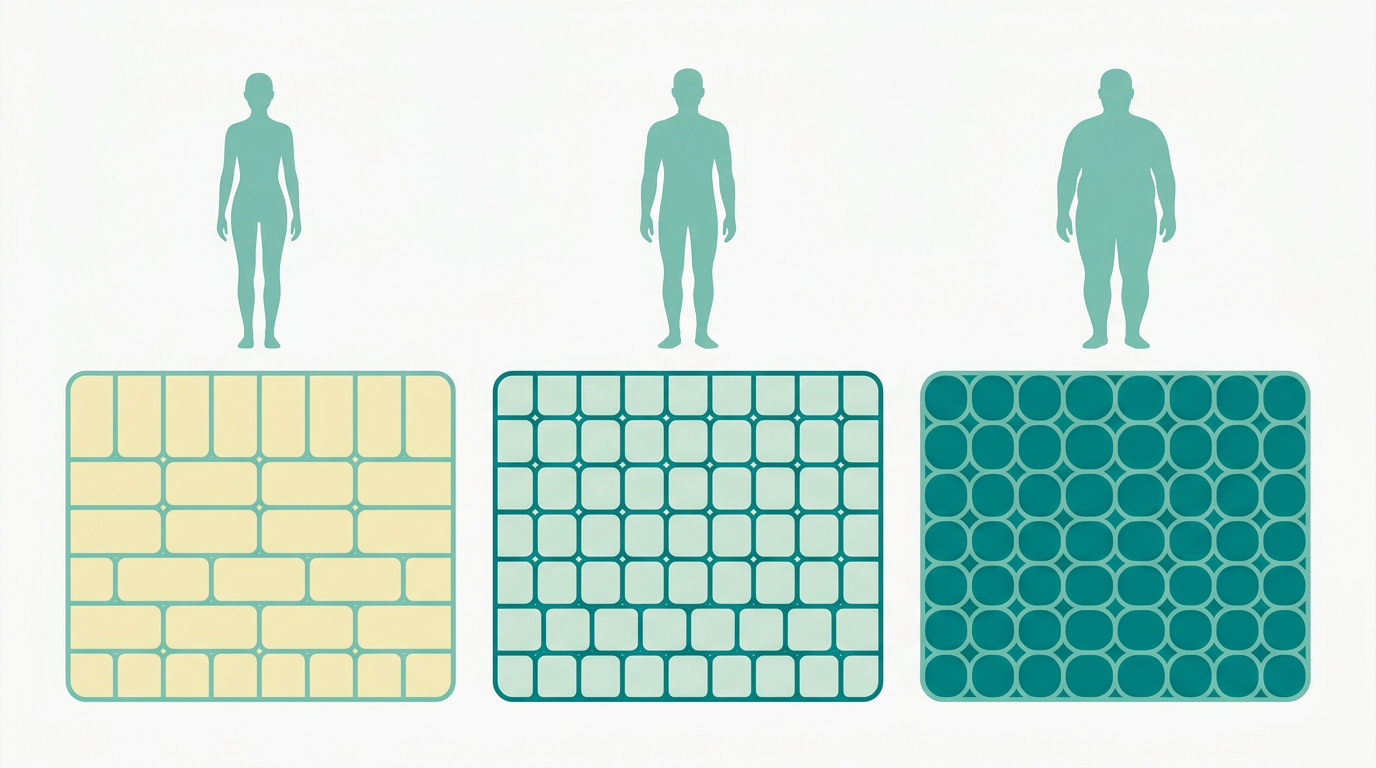 Flat vector diagram in landscape 16:9 format showing three mattress cross-sections side by side, each with 6:1 width-to-height ratio. Left mattress labeled as lightest density, shown with widely spaced internal cell pattern in #F2E8B8 fill with #78C2B2 outline. Center mattress shows medium density with moderately spaced cells in #CCE3D4 fill with #008282 outline. Right mattress shows highest density with closely packed cells in #008282 fill with #78C2B2 outline. Three faceless silhouettes in #78C2B2 positioned above each mattress, increasing in size from left to right to indicate weight difference. Off-white #F9F9F9 background, generous whitespace, no text, no shadows, no gradients.