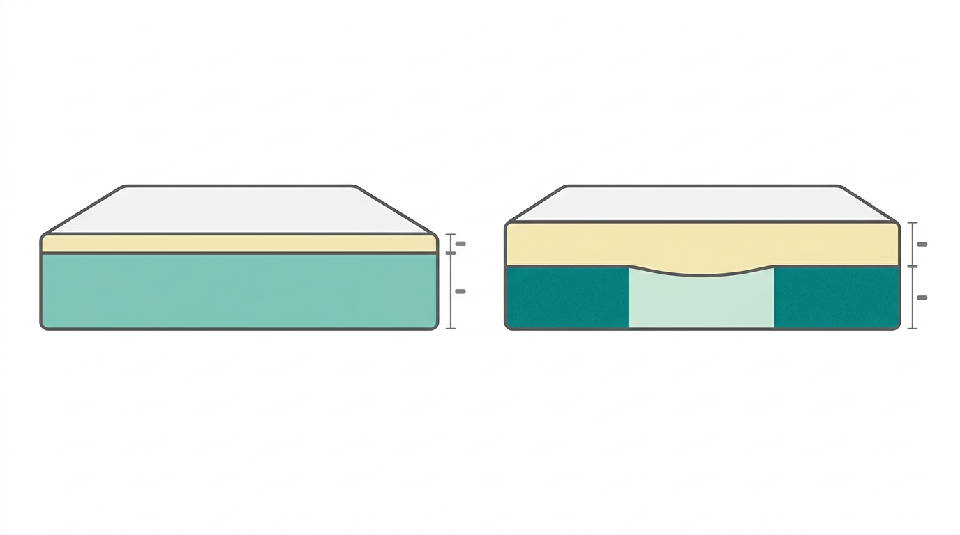 Diagrama técnico de dois colchões em corte lateral, lado a lado. O colchão da esquerda tem uma camada viscoelástica fina em #F2E8B8 sobre um núcleo em #78C2B2; o da direita tem uma camada viscoelástica mais espessa em #F2E8B8 com um núcleo em #008282 mais robusto. Pequenas marcas em #7A7A7A indicam proporções relativas. Zona lombar apoiada destacada em #CCE3D4 no colchão da direita.