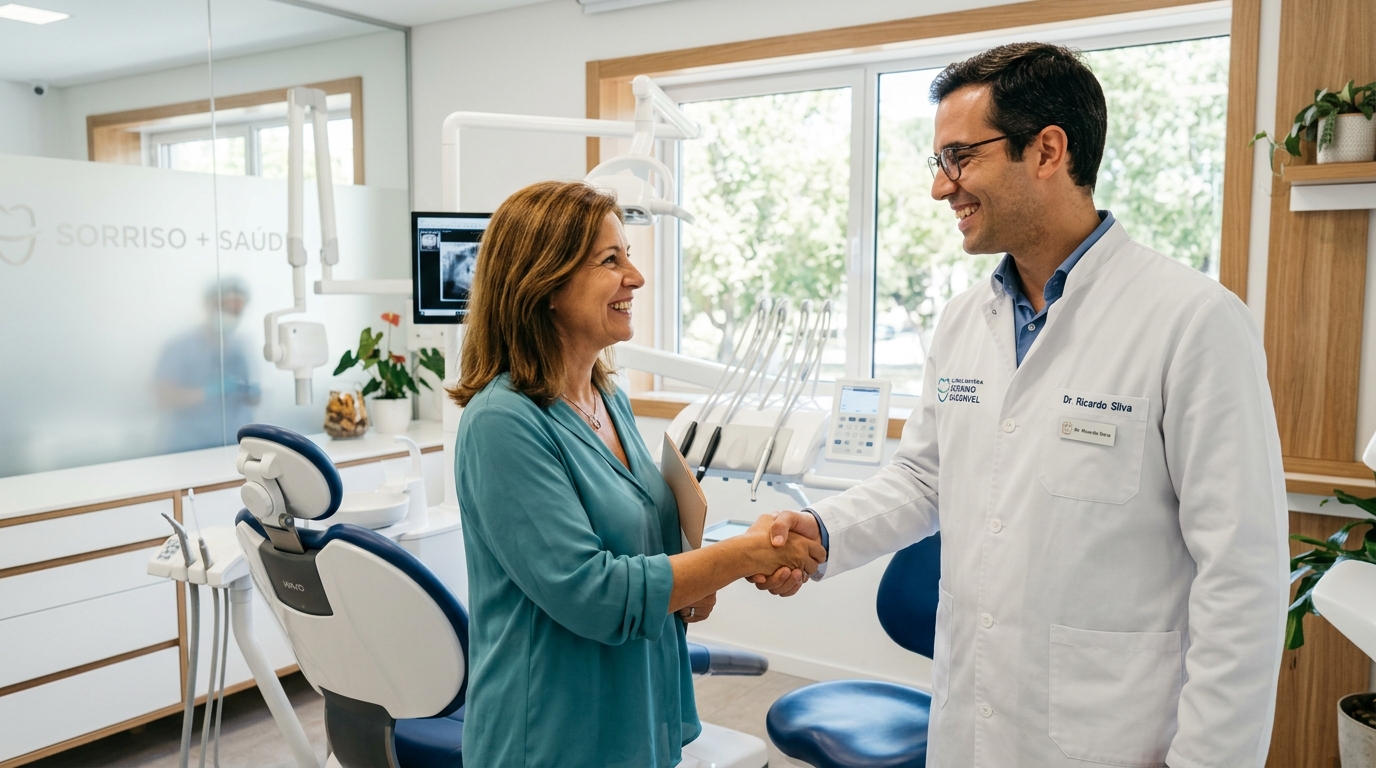 Dentista sorridente com bata branca a cumprimentar uma paciente numa clínica dentária moderna, luminosa e bem equipada, transmitindo confiança e cuidado