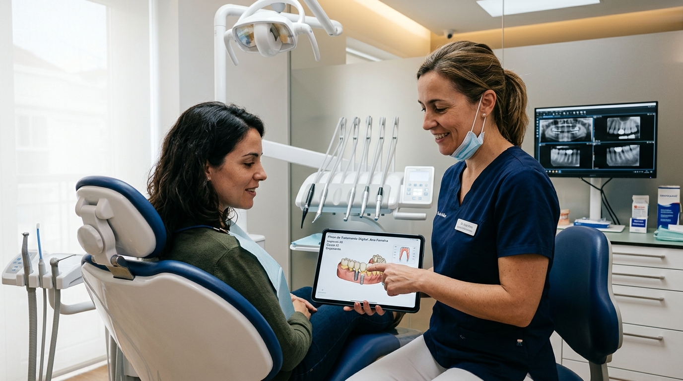 Fotografia de um dentista a mostrar um plano de tratamento digital num tablet a um paciente sentado na cadeira clínica, com expressão atenta e ambiente profissional