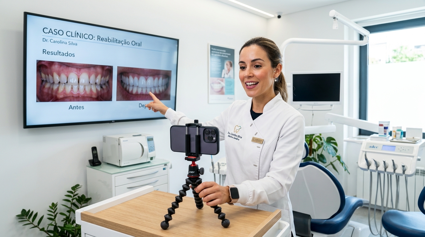 Dentista com bata branca a gravar um vídeo selfie no consultório com iluminação profissional, aparelho de telemóvel num tripé, mostrando um caso clínico num ecrã ao fundo, ambiente limpo e moderno