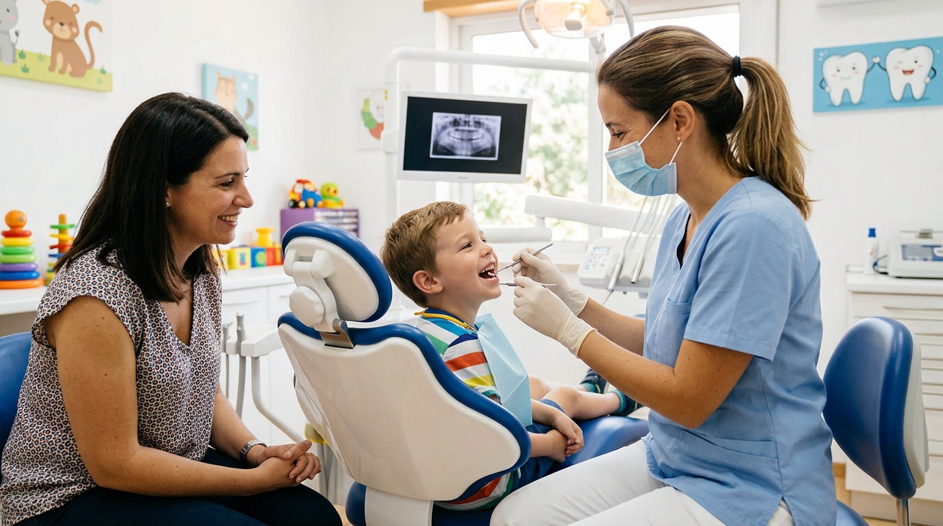 Dentista pediátrica a examinar os dentes de uma criança de aproximadamente seis anos sentada na cadeira odontológica, com a criança a sorrir e a mãe sentada ao lado, num ambiente clínico claro e acolhedor