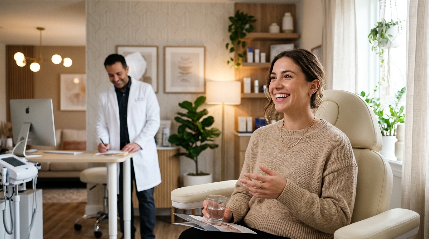 Paciente satisfeita a sorrir durante consulta numa clínica de estética moderna, em ambiente acolhedor, com médico ao fundo em foco desfocado