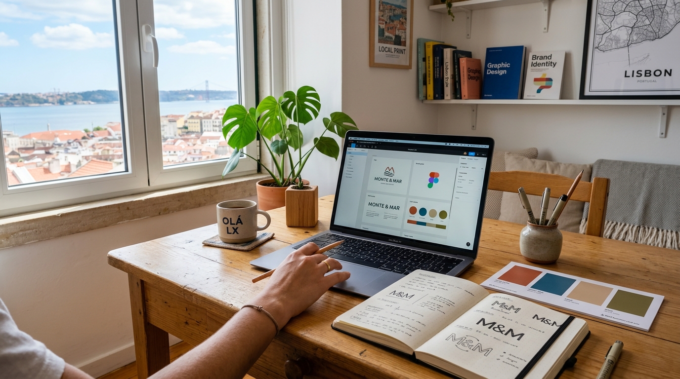 Fotografia de um espaço de trabalho criativo em Lisboa, com uma mesa de madeira clara sobre a qual estão dispostos um caderno de esboços com estudos de logótipo, amostras de paletas de cores impressas, e um MacBook aberto com um projeto de identidade visual no ecrã. Luz natural entra pela janela, criando um ambiente profissional, humano e contemporâneo.