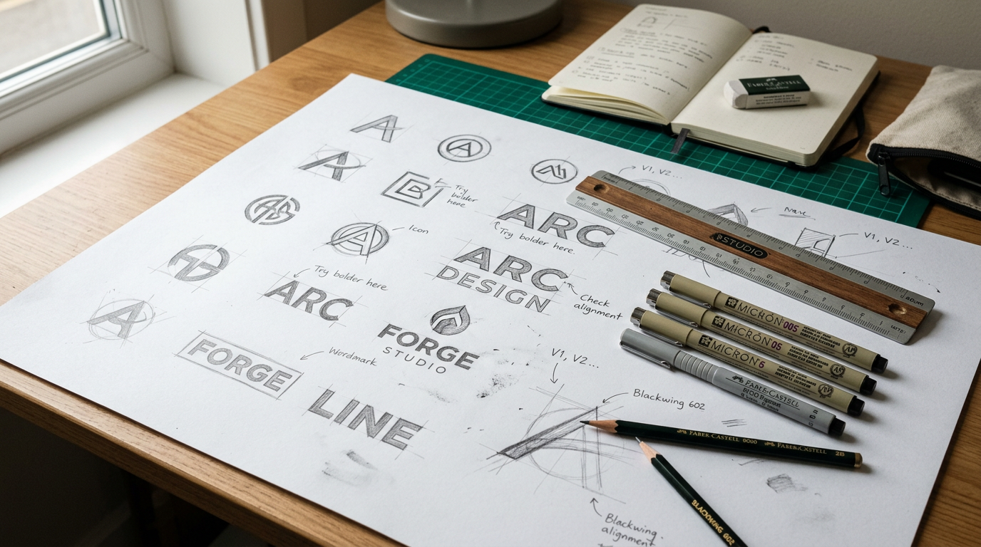 Fotografia aproximada de uma mesa de designer com esboços de logotipos a lápis, régua e canetas de diferentes espessuras, sobre papel branco com iluminação natural