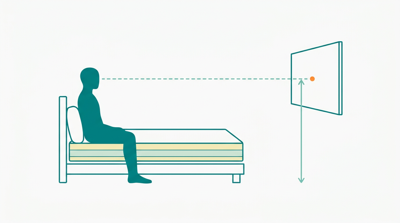 Flat vector diagram in landscape 16:9 showing a side-view of a bedroom setup: a clean rectangular mattress on a base at standard height (drawn as a flat rectangle with layers in #F2E8B8 and #CCE3D4, outlined in #008282), a faceless genderless silhouette in #008282 sitting upright against a headboard, with a clear horizontal dashed line in #78C2B2 extending from the silhouette's eye level toward a flat rectangular TV screen on the wall. The TV rectangle is outlined in #008282 with its center marked with a small dot in #FF8A30 aligned to the eye-level line. A vertical measurement arrow in #78C2B2 indicates the distance from floor to TV center. Background is #F9F9F9. Generous whitespace, no text, no labels, purely orthographic side view.