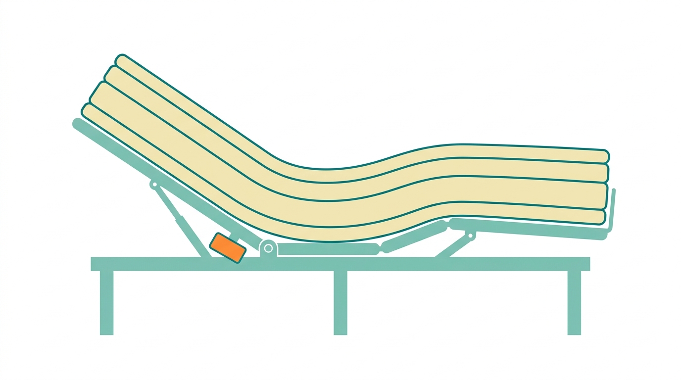 Flat side-view vector diagram of an articulated bed frame in #78C2B2 with the head section elevated at approximately 30 degrees, showing a flexible mattress in #F2E8B8 with #008282 outlined layers that follow the articulation curve. A small motor symbol suggested by a simple rectangle in #FF8A30 at the hinge point. Clean orthographic composition, whitespace, no text, no perspective depth.