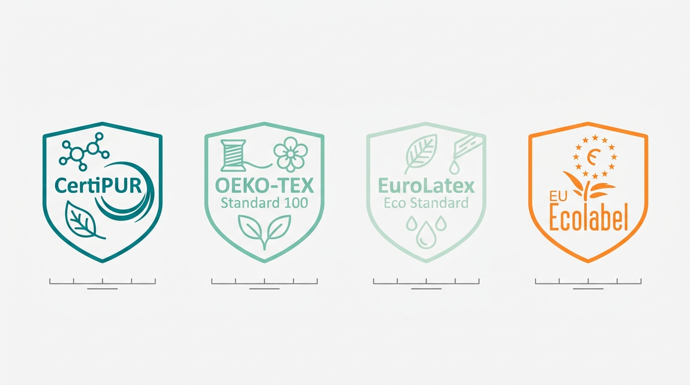 Flat vector landscape 16:9 showing four distinct badge/shield icons arranged horizontally on a #F9F9F9 background. First badge in #008282 outline represents foam safety (CertiPUR). Second in #78C2B2 represents textile certification (OEKO-TEX). Third in #CCE3D4 represents latex safety (Eurolatex). Fourth in #FF8A30 outline represents EU eco label. Generous whitespace between badges, no text, no shadows, minimal tick marks in #7A7A7A beneath each badge.