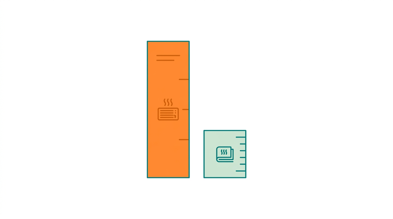 Flat editorial diagram comparing two rectangles side by side: left rectangle in #FF8A30 labeled with abstract scale marks suggesting 1000W+ (conventional heater), right rectangle in #CCE3D4 with scale marks suggesting 100-150W (electric blanket). Both rectangles have thin #008282 outlines. Simple horizontal bar comparison, purely graphic, no text or numbers, generous whitespace.