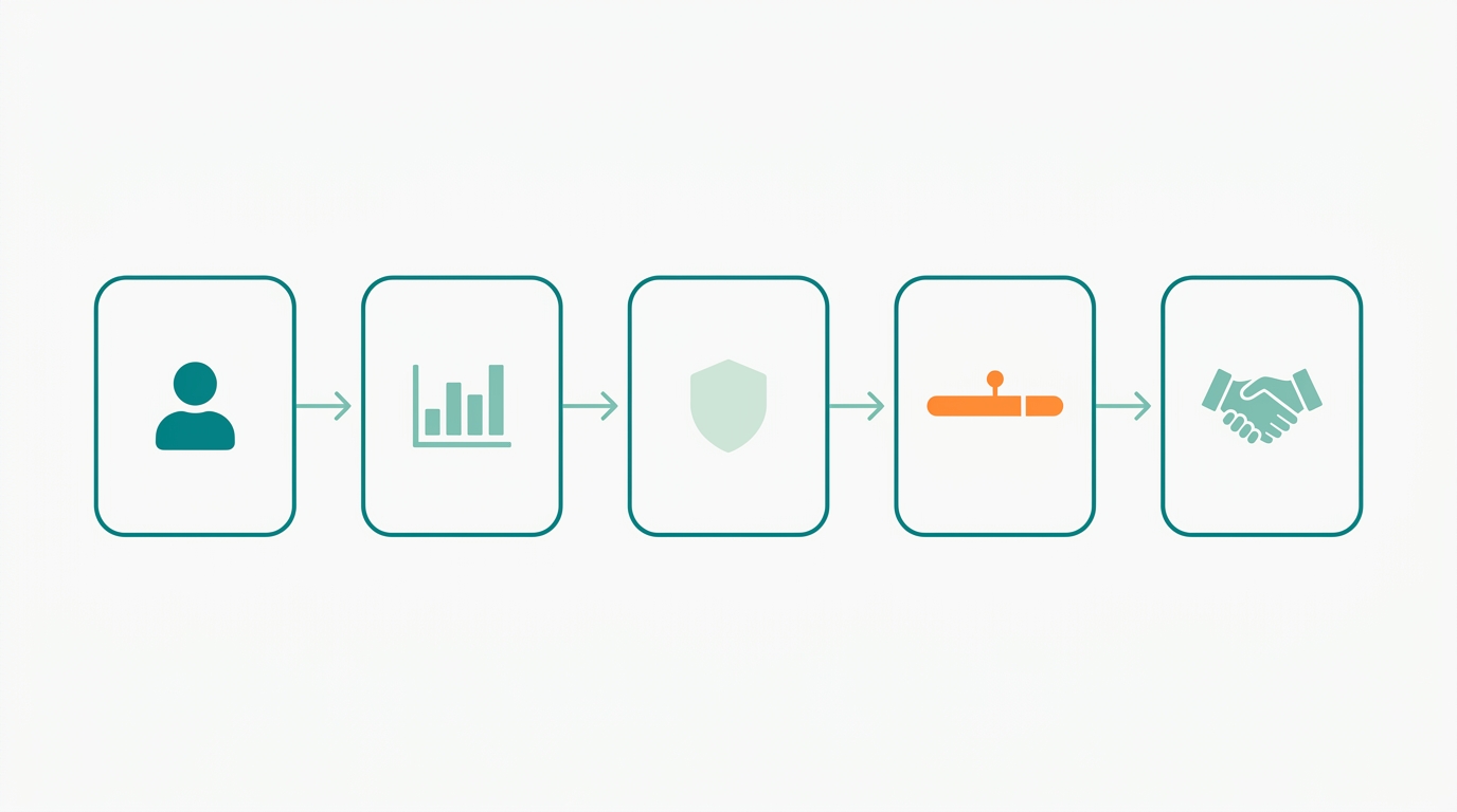 Flat vector landscape 16:9 showing a horizontal decision flow with five distinct steps. Each step is a rounded rectangle outline in #008282. Step connections are thin arrows in #78C2B2. Inside each rectangle, a simple icon: step 1 a body silhouette in #008282 (personal needs), step 2 a bar chart in #78C2B2 (independent tests), step 3 a shield badge in #CCE3D4 (certifications), step 4 a timeline bar in #FF8A30 (durability), step 5 a handshake icon in #78C2B2 (retailer transparency). Background #F9F9F9, generous whitespace, no text, no shading.