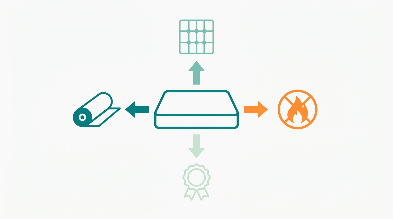 Flat vector diagram in landscape 16:9 showing a simplified lab testing sequence for mattresses. A clean rectangular mattress in the center is surrounded by four labeled zones using directional arrows: a cylinder roller icon on the left in #008282, a pressure sensor grid icon above in #78C2B2, a flame resistance symbol on the right in #FF8A30, and a certification badge outline below in #CCE3D4. Background is #F9F9F9. No text, no shading, no 3D effects.