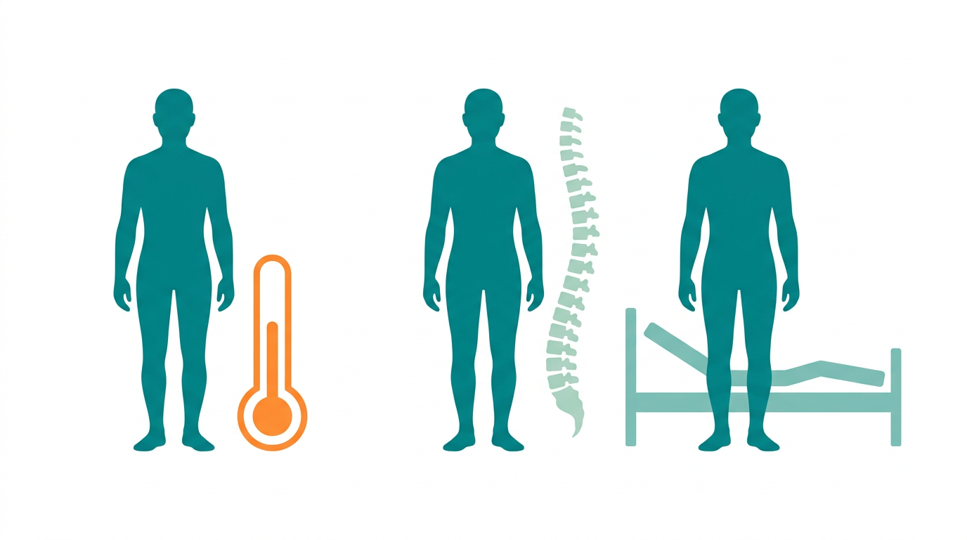 Flat vector illustration showing three genderless silhouettes in #008282 side by side, each associated with a different symbolic element: first silhouette near a simplified thermometer shape in #FF8A30 suggesting cold sensitivity, second silhouette with a simplified spine alignment indicator in #CCE3D4 suggesting back pain, third silhouette beside a simplified articulated bed rectangle in #78C2B2 suggesting mobility support. All shapes flat, minimal, orthographic, generous whitespace, no text.