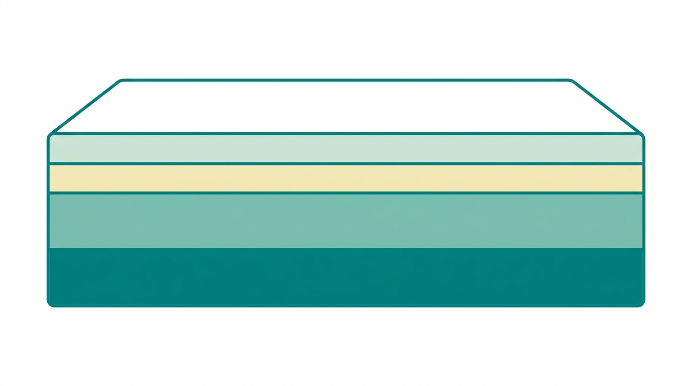 Flat vector diagram showing four horizontal zones stacked vertically inside a wide rectangular mattress cross-section. Each zone is labeled by position only (no text in image). Top zone filled #CCE3D4 representing comfort, second zone #F2E8B8 representing pressure relief, third zone #78C2B2 representing support structure, bottom zone #008282 representing durability base. Clean orthographic side-view, generous whitespace around the mattress shape, all layers outlined in #008282.