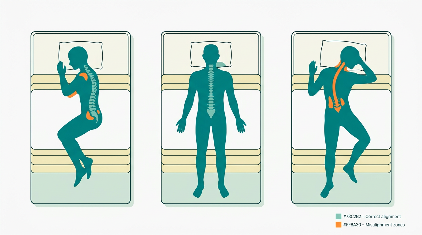Flat vector diagram showing three sleeping positions (side, back, stomach) as faceless silhouettes in #008282 on a mattress drawn as a clean rectangle with visible layers in #F2E8B8 and #CCE3D4, with spinal alignment zones highlighted in #78C2B2 for correct alignment and #FF8A30 for misalignment zones, on an off-white #F9F9F9 background, horizontal 16:9 composition, minimalist editorial science style