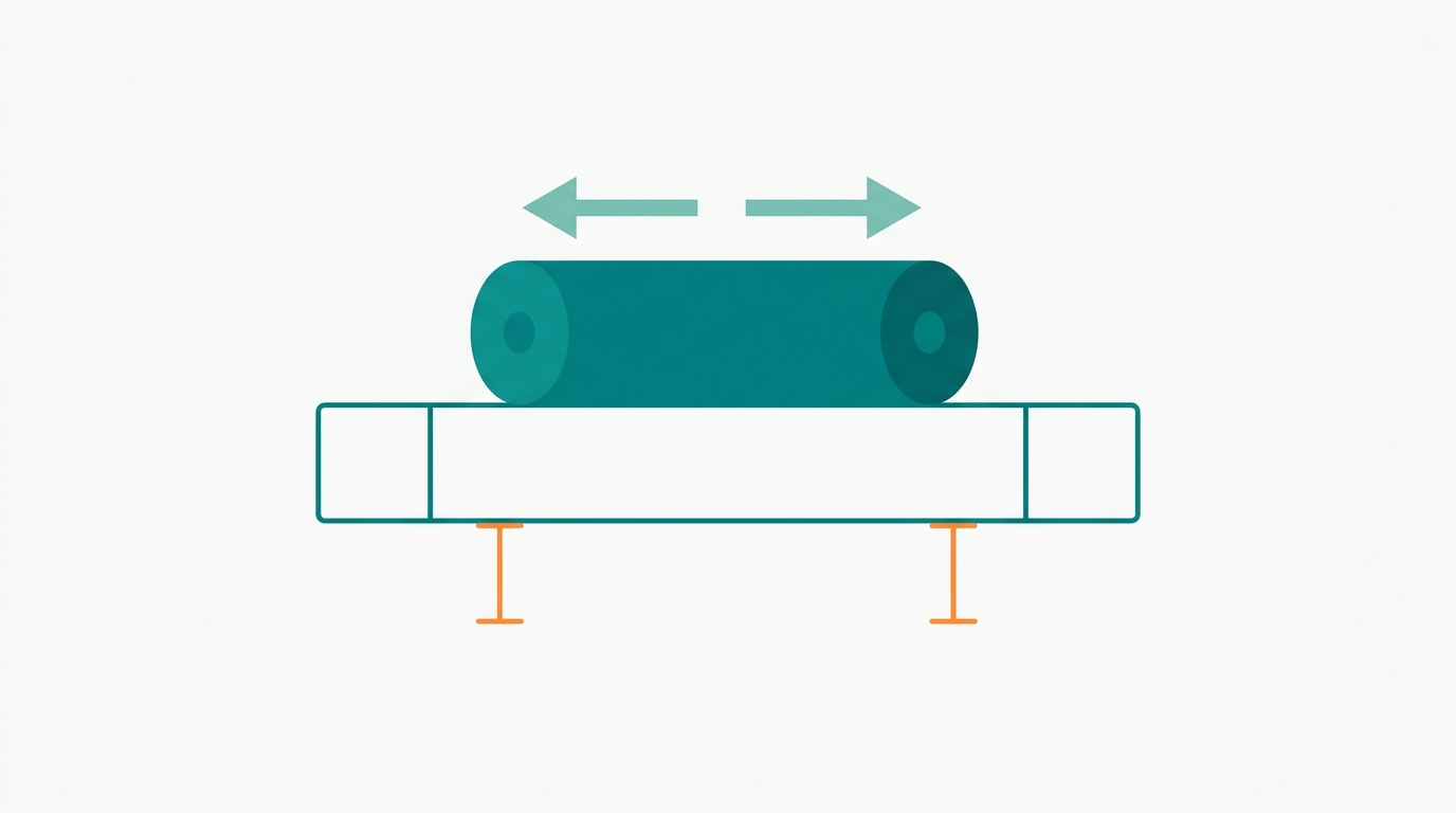 Flat vector landscape 16:9 diagram showing a mattress rectangle in center with a large cylindrical roller in #008282 positioned above, with directional movement arrows in #78C2B2 showing left-right rolling motion. Below the mattress, two measurement markers in #FF8A30 indicate height loss before and after. Background #F9F9F9, clean whitespace around elements, no perspective depth, no shading.