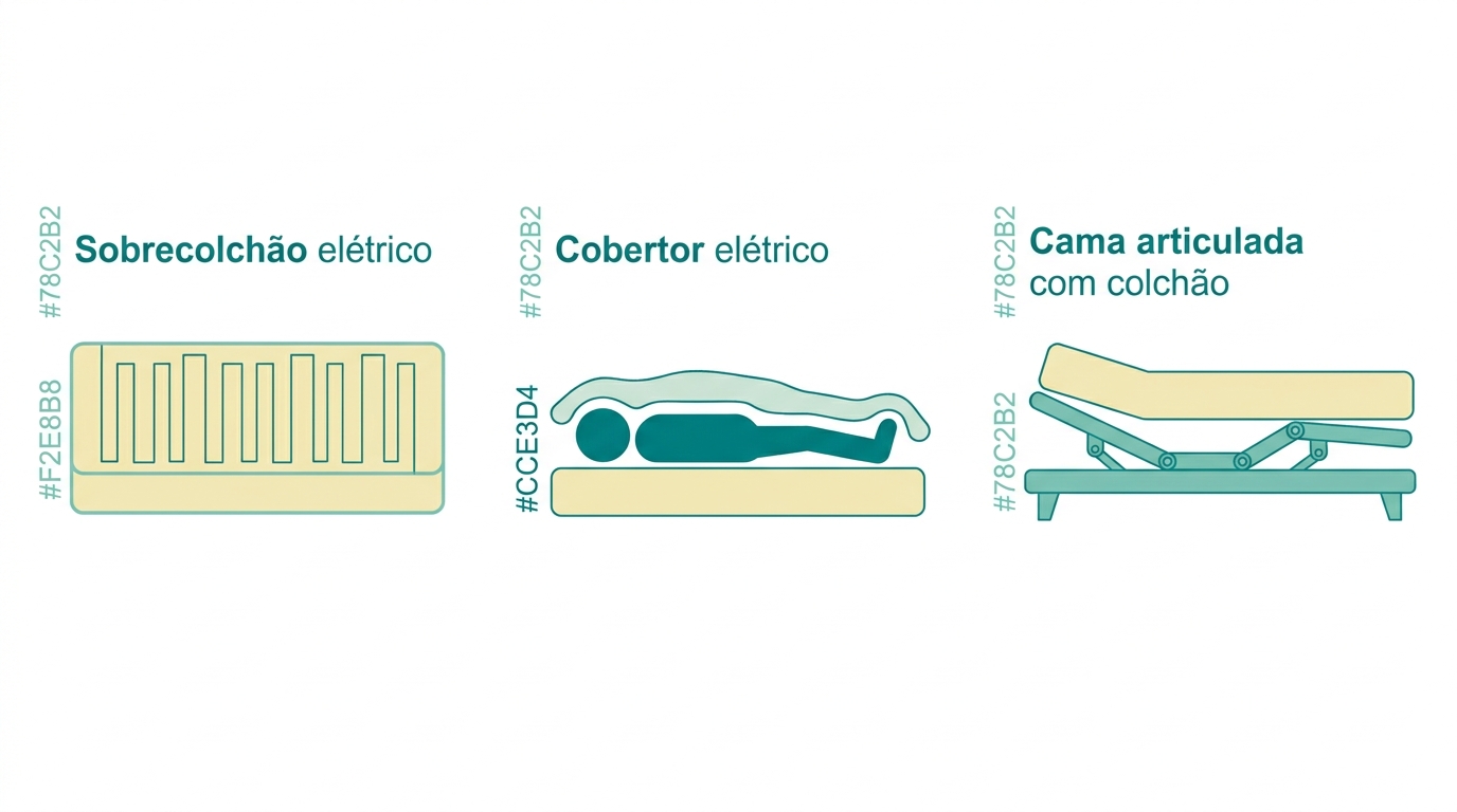 Flat vector diagram showing three horizontal rectangular layers labeled side by side: a heated mattress pad (sobrecolchão elétrico) in #F2E8B8 with thin #008282 resistance lines inside, an electric blanket (cobertor elétrico) in #CCE3D4 placed above a silhouette figure in #008282, and an articulated bed frame in #78C2B2 with a mattress on top in #F2E8B8. Clean orthographic side-view, no text, generous whitespace, soft teal outlines.