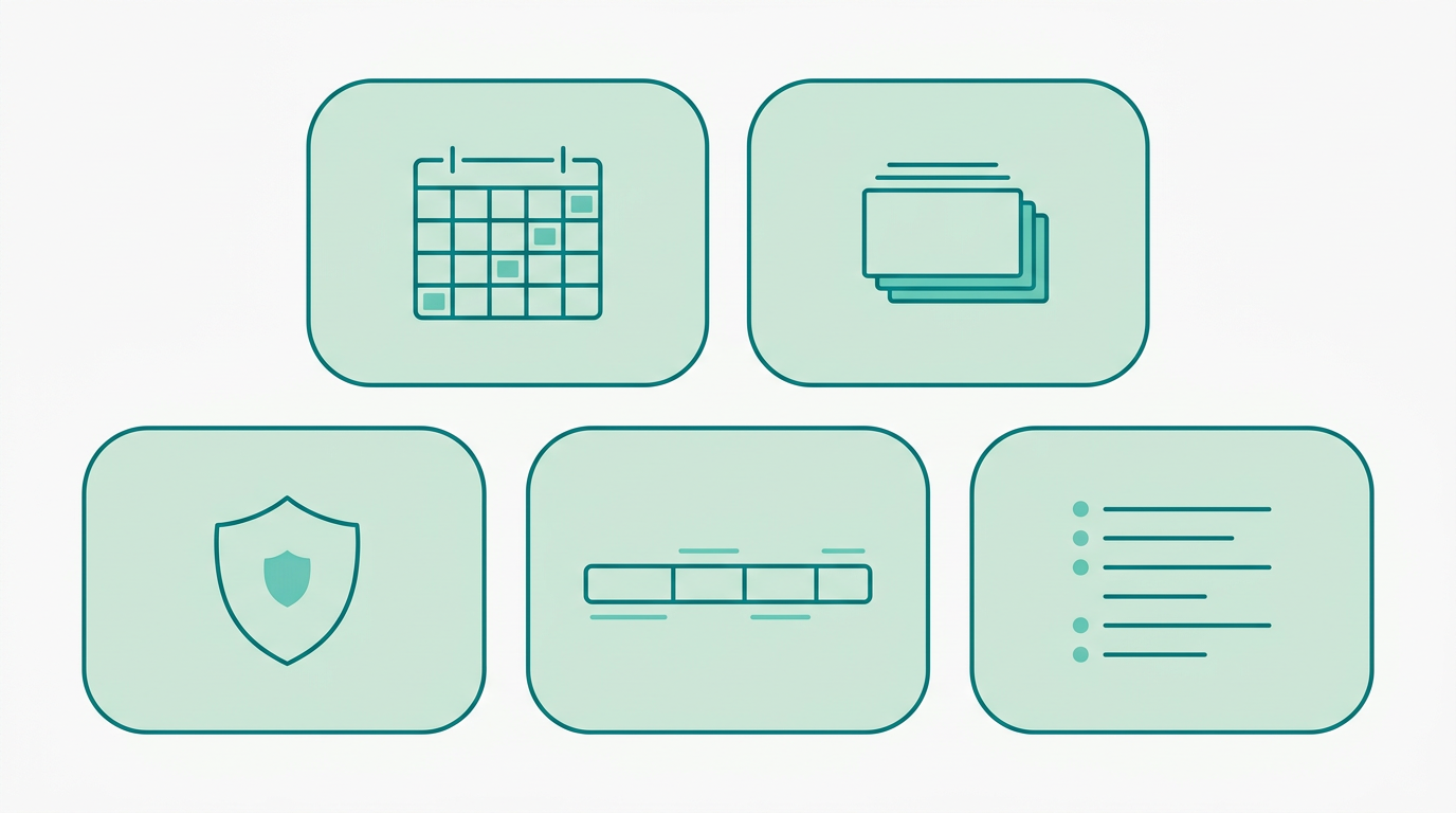 Flat vector diagram showing five simple geometric shapes (rounded rectangles or circles) arranged in a loose grid pattern on #F9F9F9 background. Each shape contains a minimal abstract icon: a calendar grid (campaigns/timing), stacked rectangles (pack/bundle), a shield outline (protection), a horizontal divided bar (installments), and a checklist-style set of horizontal lines of different lengths (what's included). All icons outlined in #008282, shapes filled in #CCE3D4, with #78C2B2 accents. Generous whitespace, no text, no labels, clean Scandinavian layout.