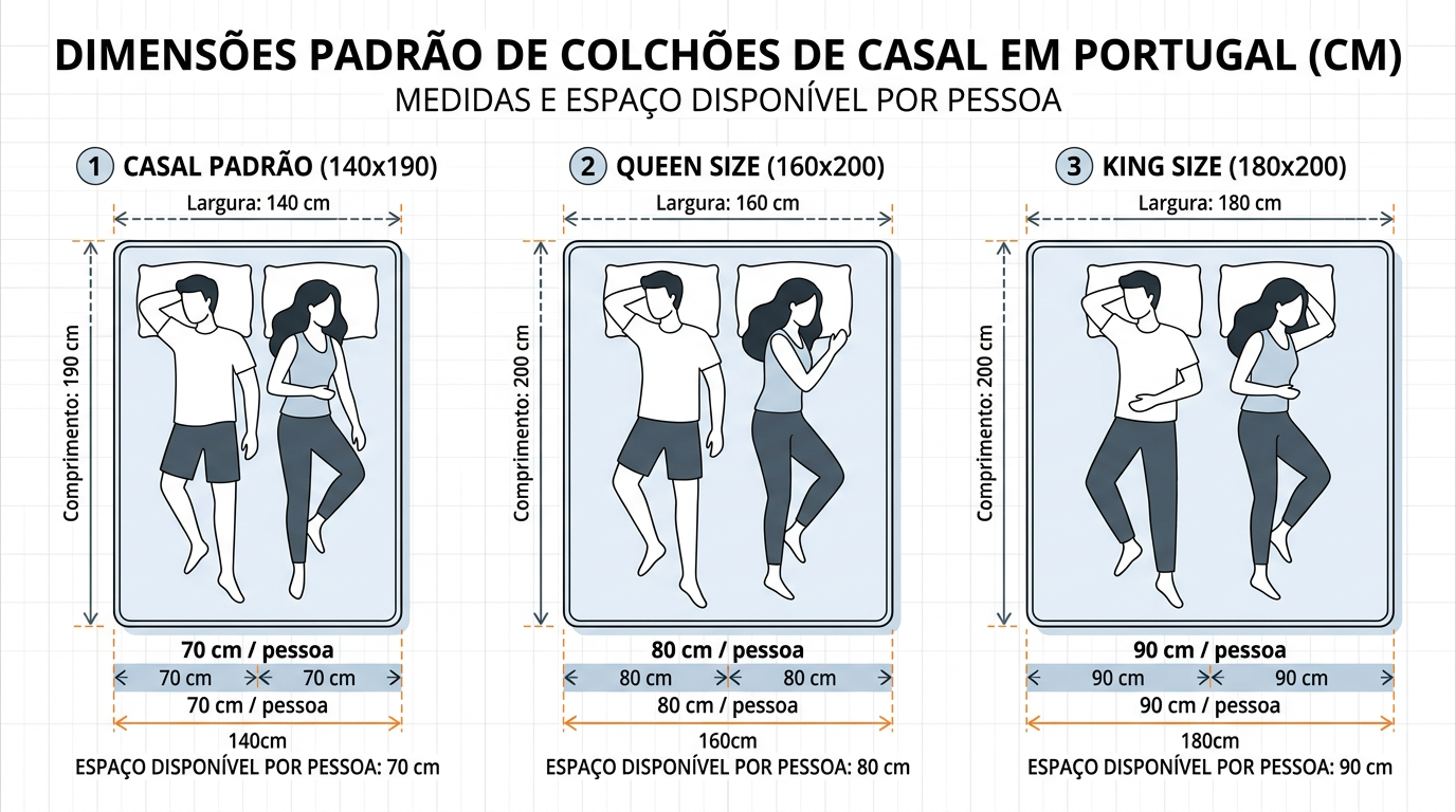 Diagrama técnico limpo mostrando as três dimensões padrão de colchão de casal em Portugal (140x190, 160x200, 180x200) com setas de medição e indicações visuais de espaço disponível para cada pessoa do casal