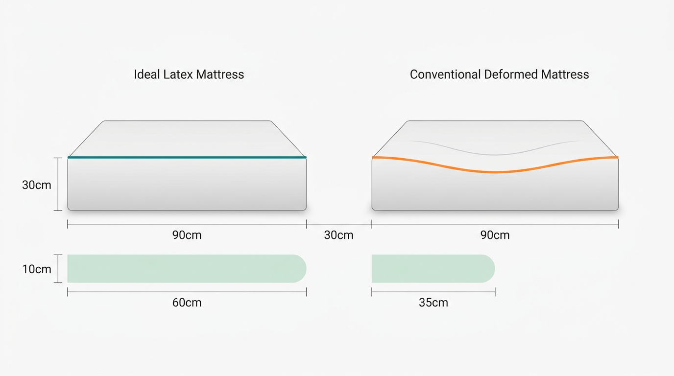 Diagrama horizontal comparativo em dois blocos lado a lado. Bloco esquerdo: retângulo de colchão em látex com linha de superfície uniforme e contorno em #008282, etiqueta temporal longa em #CCE3D4. Bloco direito: retângulo de colchão convencional com linha de superfície afundada no centro em #FF8A30 indicando deformação, etiqueta temporal mais curta. Fundo #F9F9F9. Sem texto, sem figuras humanas, composição simétrica e limpa.