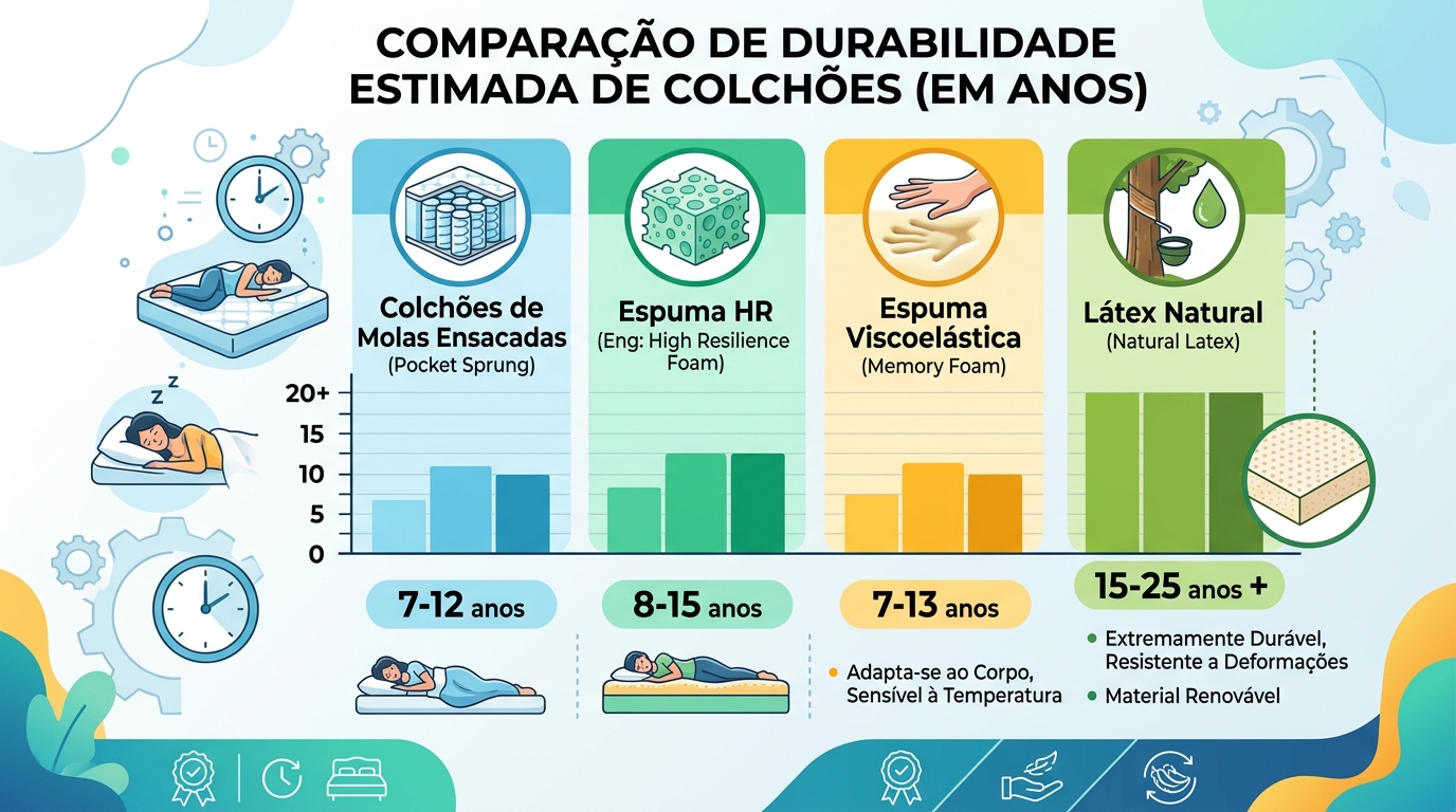 Gráfico comparativo de durabilidade estimada em anos para colchões de molas ensacadas, espuma HR, espuma viscoelástica e látex natural