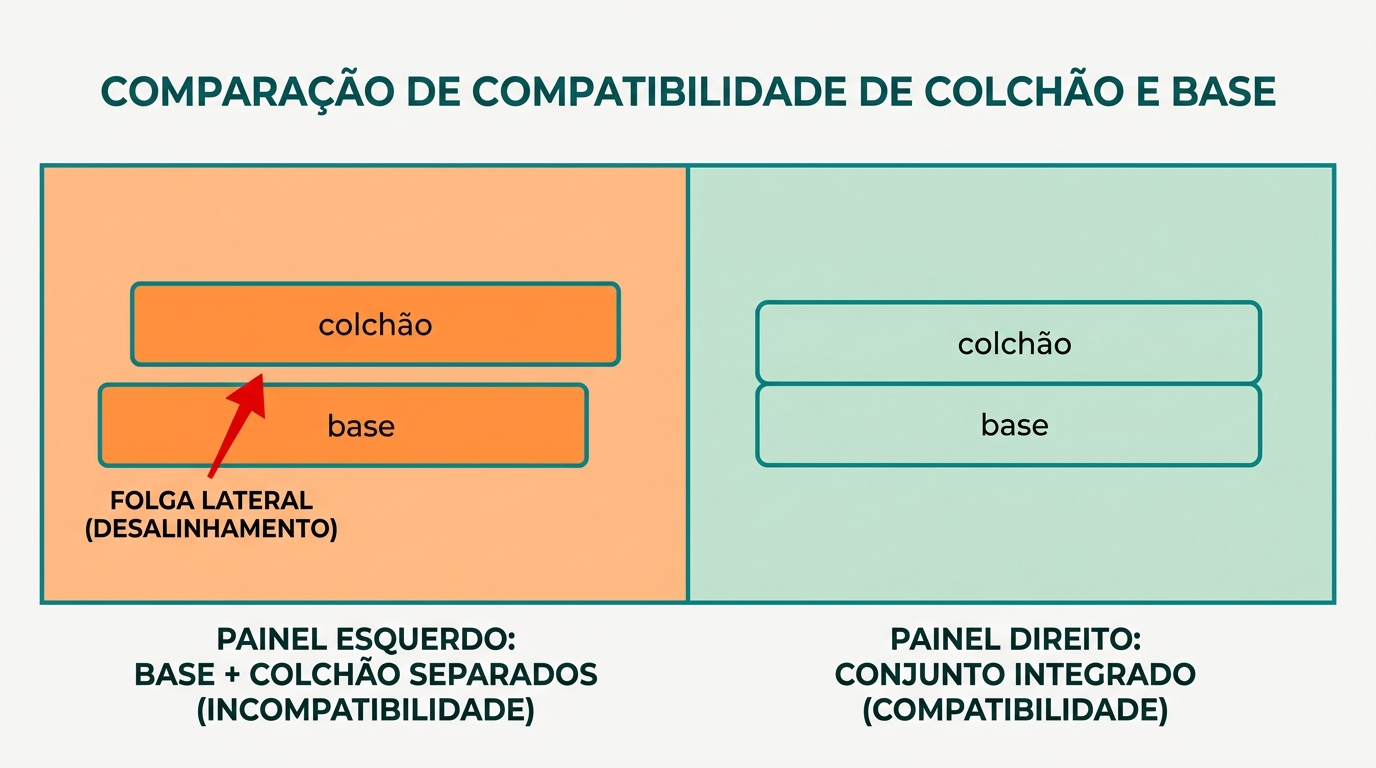 Diagrama comparativo horizontal dividido em dois painéis. Painel esquerdo (base + colchão separados): dois retângulos desalinhados com uma seta vermelha a indicar folga lateral, em laranja (#FF8A30) sinalizando incompatibilidade. Painel direito (conjunto integrado): base e colchão perfeitamente alinhados com cor de fundo em #CCE3D4 sinalizando compatibilidade. Fundo geral #F9F9F9, linhas em #008282, composição 16:9 com whitespace.