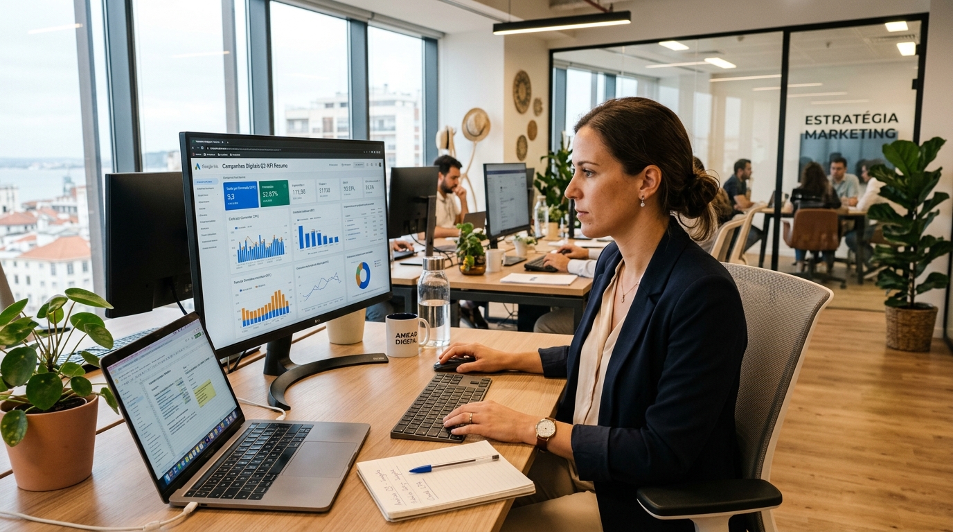 Profissional de marketing a analisar relatórios e métricas de publicidade digital num ecrã de computador em ambiente de escritório moderno