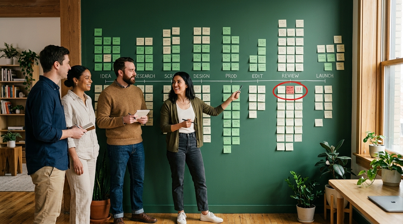 A small team standing at a wall covered with green and cream sticky notes arranged as a timeline of content stages, with one note highlighted to mark a delay