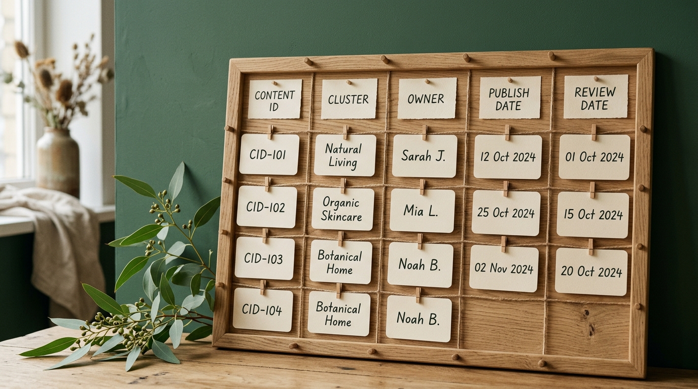 A wooden planning board with paper cards for content ID, cluster, owner, publish date and review date arranged in neat columns, with a sprig of green leaves beside it