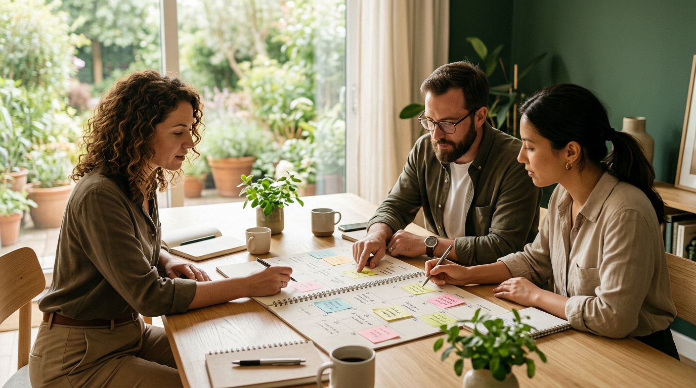 A team of three around a light wooden table reviewing a printed content calendar with sticky notes marking pages to refresh, with greenery and soft daylight in the background