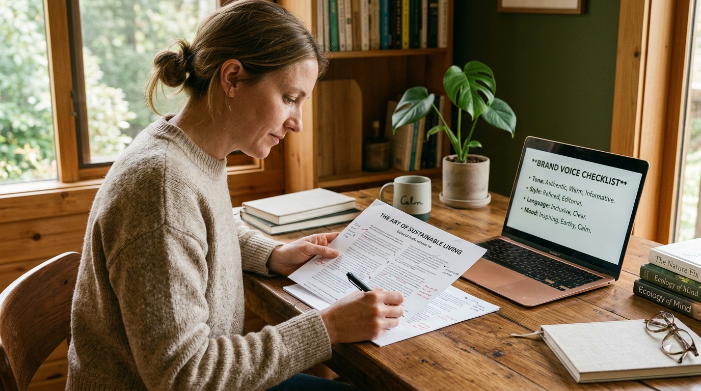 A content editor marking up a printed article draft with a pen beside a laptop displaying a brand voice checklist, warm daylight and natural wood tones