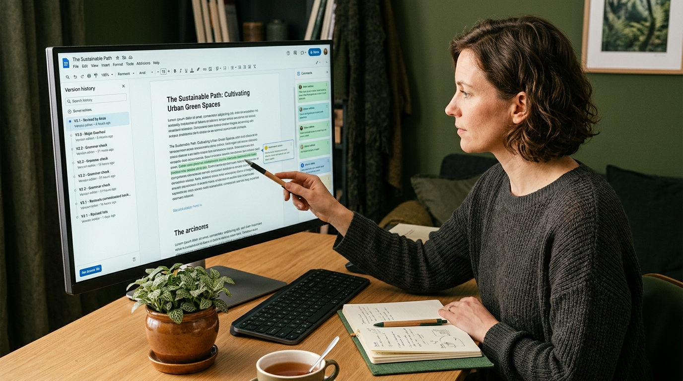A content editor reviewing a draft article with tracked comments and version history on a monitor, a small potted plant and notebook beside the keyboard