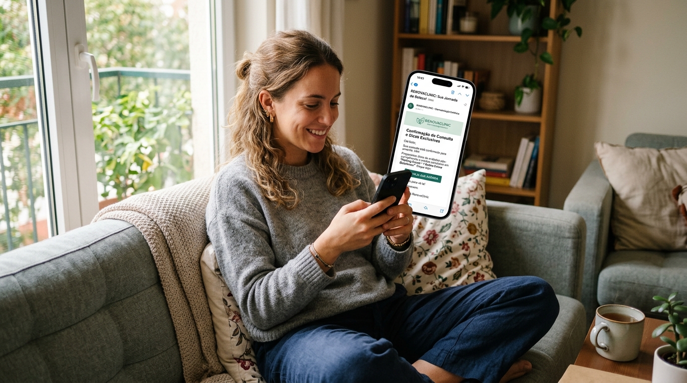 Fotografia de uma pessoa a ler um email no smartphone com conteúdo de uma clínica de dermatologia estética, ambiente doméstico relaxado, luz natural