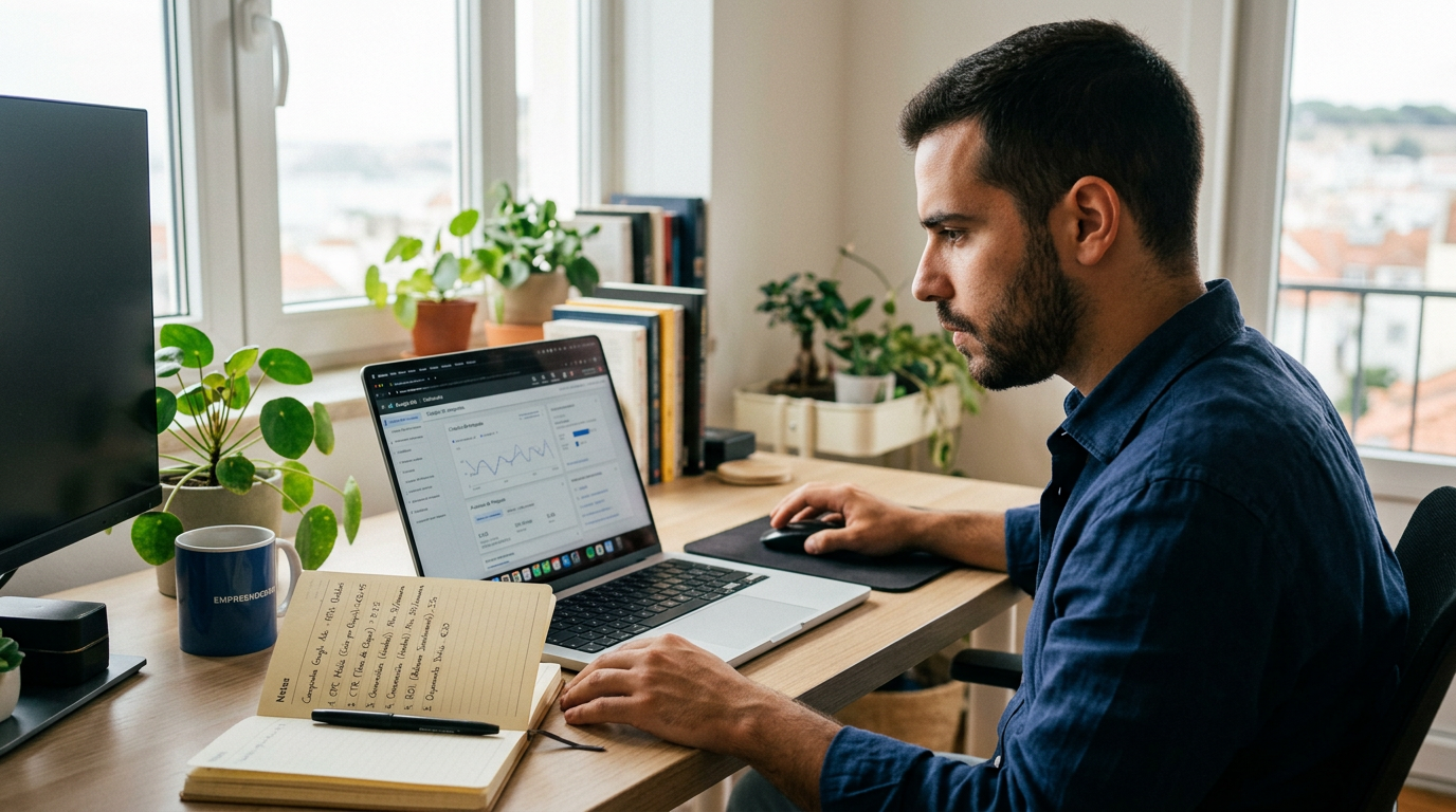 Fotografia de um empreendedor a configurar uma campanha de Google Ads no laptop, com um caderno de apontamentos com KPIs escritos à mão ao lado, numa secretária organizada com luz natural, expressão concentrada e determinada