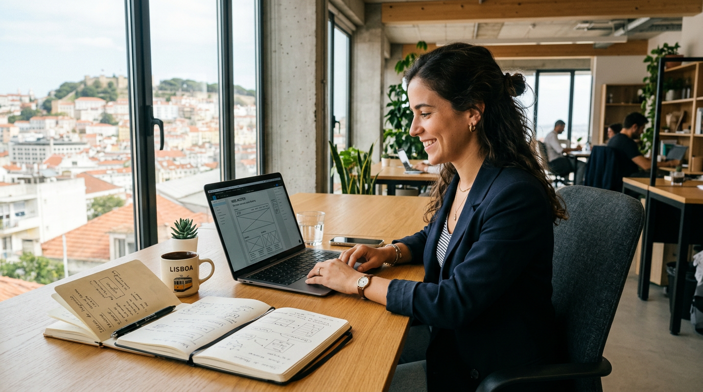 Fotografia de uma empreendedora portuguesa sentada numa mesa de trabalho moderna em Lisboa, com um computador portátil aberto mostrando um esboço de website, blocos de notas com anotações e uma chávena de café, num ambiente de escritório luminoso e contemporâneo