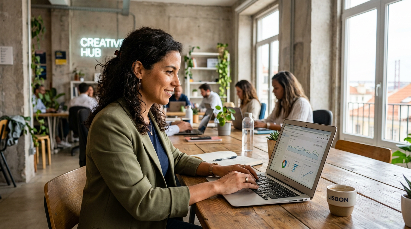 Fotografia de uma empreendedora portuguesa a trabalhar num laptop num espaço de cowork moderno em Lisboa, com gráficos de campanhas digitais no ecrã, luz natural, ambiente focado e profissional