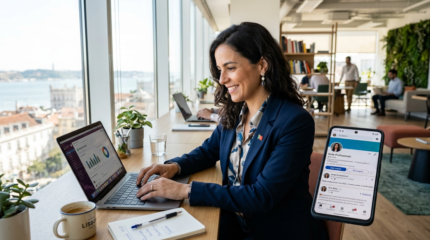 Fotografia de uma empresária portuguesa a trabalhar no portátil num espaço de trabalho moderno e iluminado, com um telemóvel ao lado aberto numa rede social