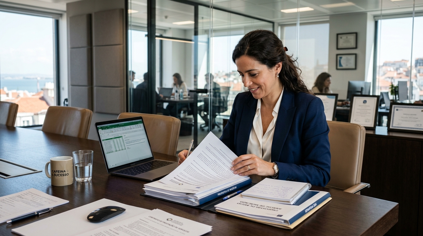 Fotografia de uma empresária portuguesa a rever um contrato numa mesa de reuniões, com documentos com propostas e um computador portátil aberto à sua frente, num ambiente de escritório profissional e bem iluminado