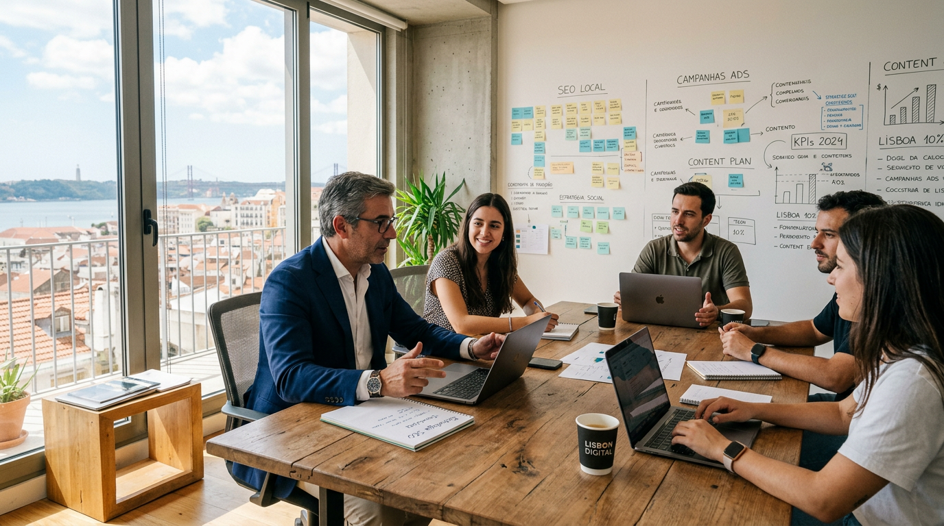 Fotografia de um empresário português em reunião com uma equipa de marketing digital numa sala moderna em Lisboa, com quadros brancos com estratégias ao fundo e luz natural a entrar pelas janelas